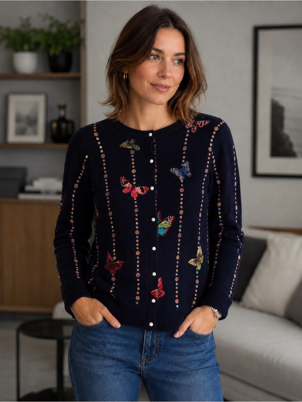 Viviani Collection Cashmere Wool Butterfly Embroidered Cardigan Navy Blue Size M